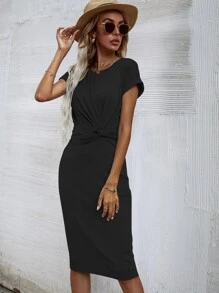 Vestido Sólido Ajustado Con Delantero Retorcido - Negro - Ver 4