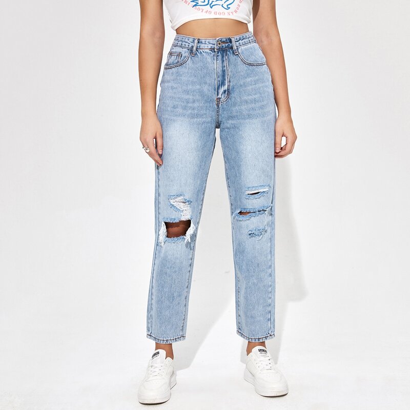 

Ripped Straight Leg Jeans, Light wash