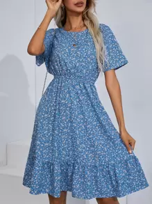 SHEIN Clasi Vestido floral bajo con fruncido - Azul - Ver 1