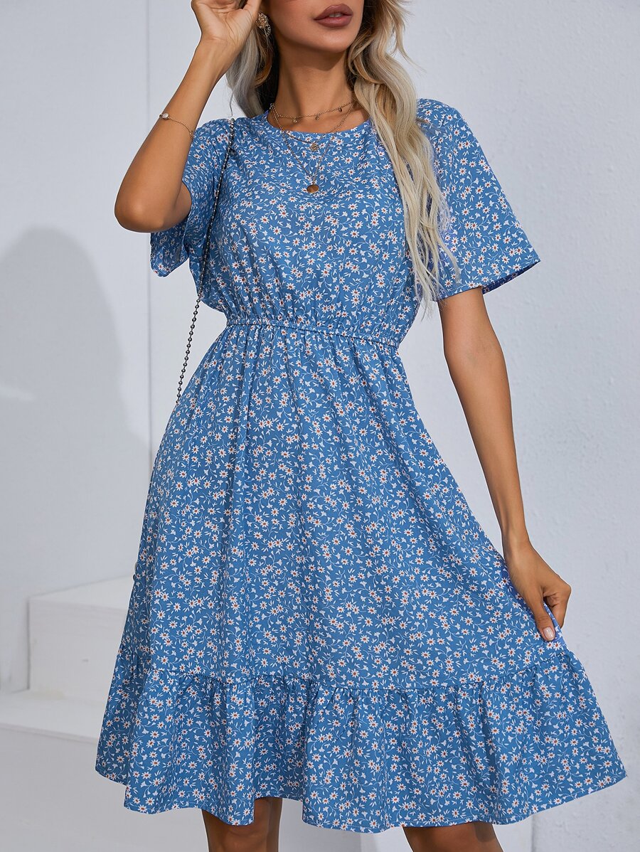 SHEIN Clasi Vestido floral bajo con fruncido - Azul - Ver 1