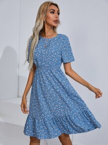 SHEIN Clasi Vestido floral bajo con fruncido - Azul - Ver 3