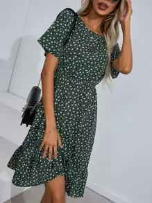 SHEIN Clasi Vestido línea A floral bajo con fruncido - Multicolor - Ver 4