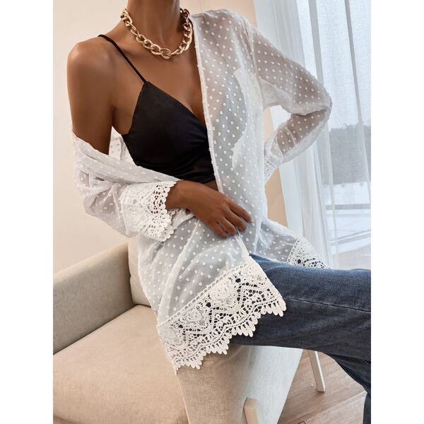 

Hollow-out Dobby Mesh Kimono, White