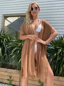 Kimono con estampado floral con parte delantera abierta - Café integral - Ver 1