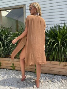 Kimono con estampado floral con parte delantera abierta - Café integral - Ver 2