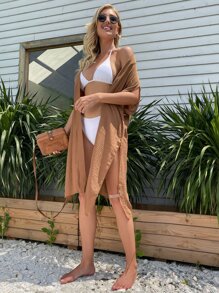 Kimono con estampado floral con parte delantera abierta - Café integral - Ver 7