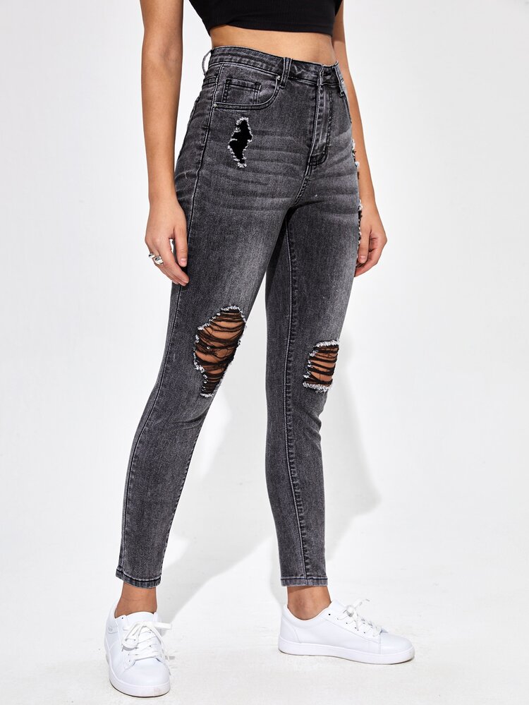 Distressed Skinny Jeans - Grey - View 3
