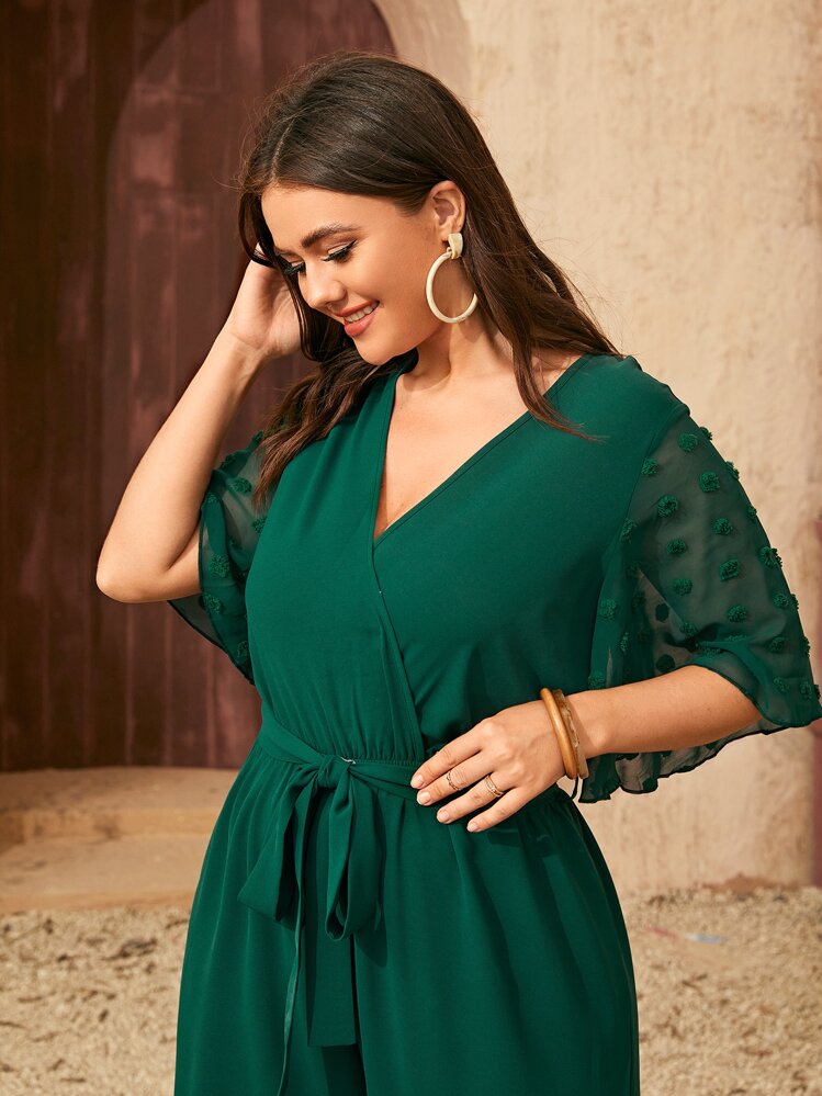 SHEIN Clasi Bộ đồ liền thân ống rộng tay áo chấm bi Swiss Dot Butterfly có thắt lưng - Màu xanh lá cây đậm - Xem 5