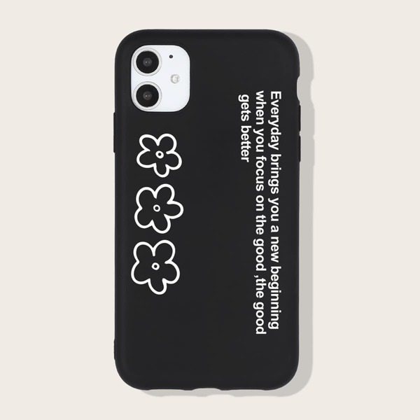 

Flower & Slogan Graphic Phone Case, Black