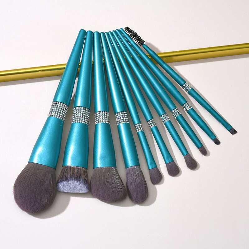 

10pcs Rhinestone Makeup Brush Set, Olive green