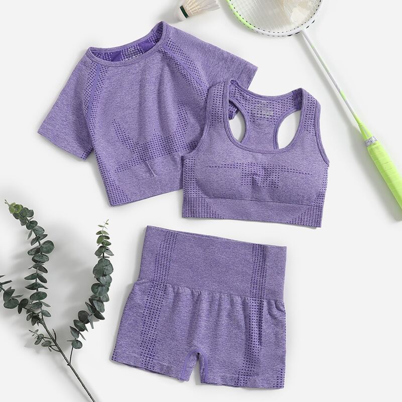 

Racer Back Sports Bra & Tee & Biker Shorts, Purple