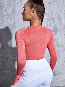 Solid Seamless High Elastic Crop Sports Tee - Watermelon Pink - View 2