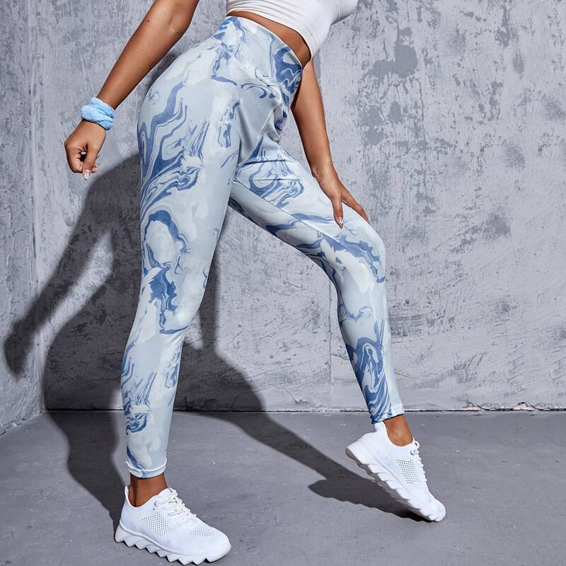 

Marble Print Sports Leggings, Blue and white