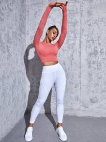 Solid Seamless High Elastic Crop Sports Tee - Watermelon Pink - View 5