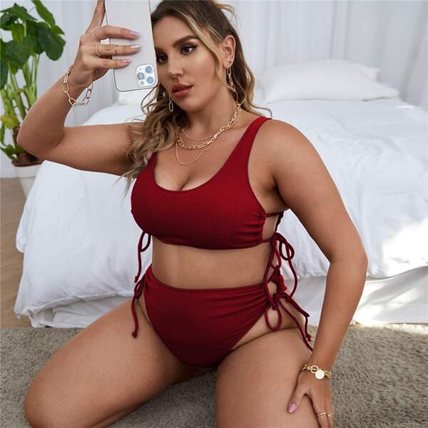 

Plus Solid Tie Side High Waisted Bikini Swimsuit, Burgundy