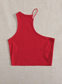 SHEIN EZwear Asymmetrical Neck Tank Top - Red - View 6
