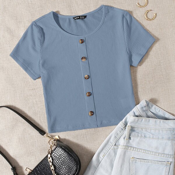 

Buttoned Front Rib-knit Top, Dusty blue