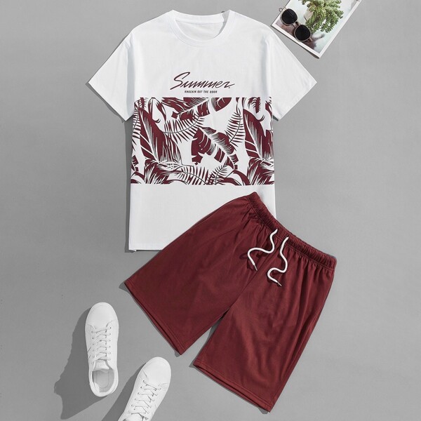 

Men Tropical Tee & Drawstring Waist Shorts, Red and white