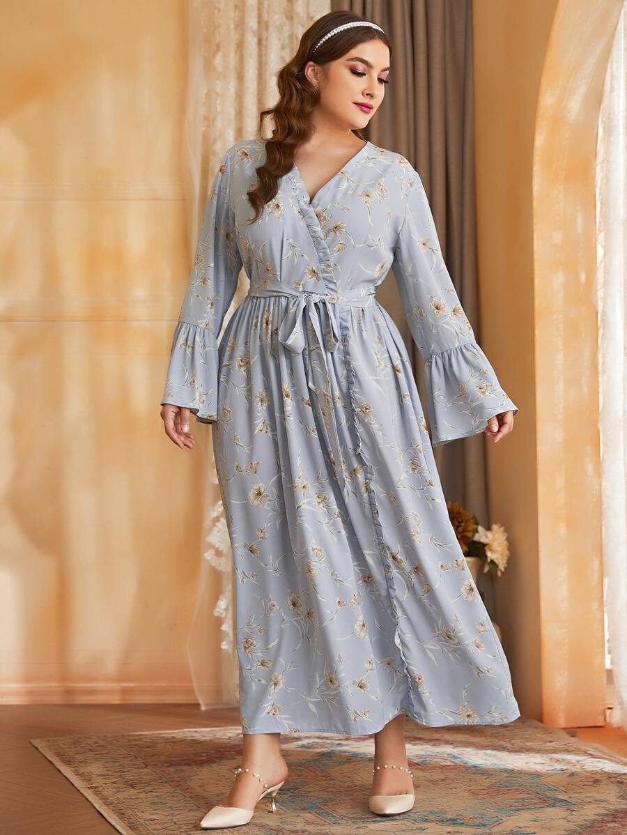 Mulvari Plus Surplice Neck Flounce Sleeve Belted Dress - Dusty Blue - View 1