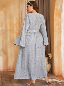 Mulvari Plus Surplice Neck Flounce Sleeve Belted Dress - Dusty Blue - View 2