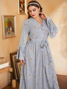 Mulvari Plus Surplice Neck Flounce Sleeve Belted Dress - Dusty Blue - View 3