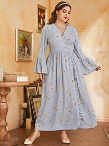 Mulvari Plus Surplice Neck Flounce Sleeve Belted Dress - Dusty Blue - View 6