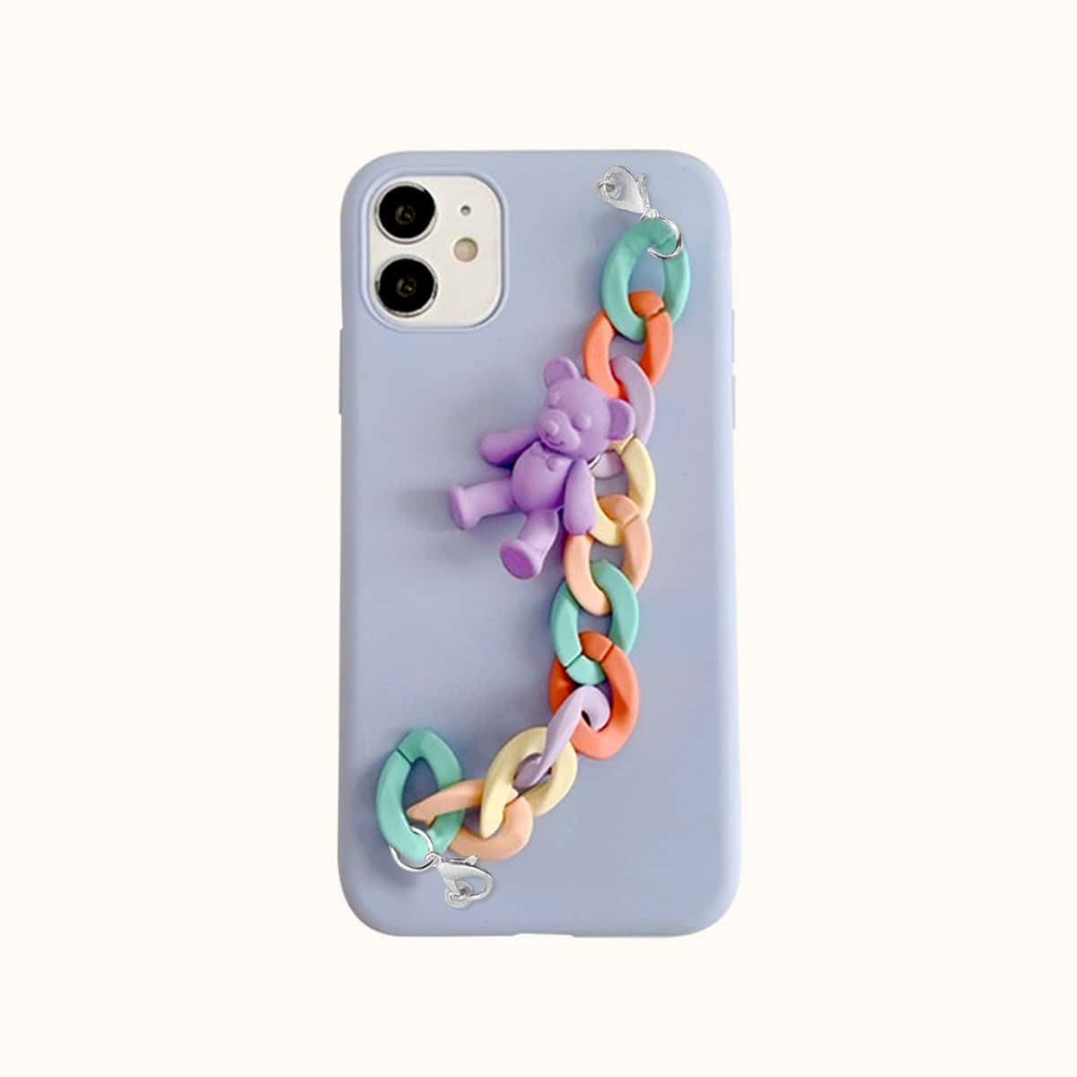 

3D Bear Decor Colorful Chain Hand Strap Phone Case, Purple