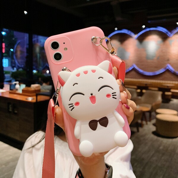 

Cat Design Wallet Phone Case With Lanyard, Pink