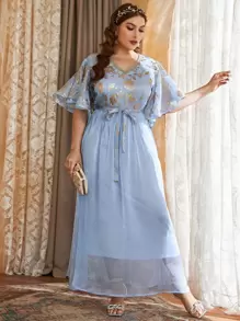 Modelyn Plus Gold Floral Print Flutter Sleeve Belted Dress - Baby Blue - View 1