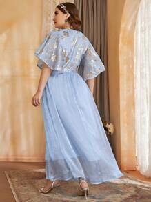 Modelyn Plus Gold Floral Print Flutter Sleeve Belted Dress - Baby Blue - View 2