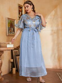 Modelyn Plus Gold Floral Print Flutter Sleeve Belted Dress - Baby Blue - View 3