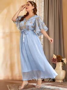 Modelyn Plus Gold Floral Print Flutter Sleeve Belted Dress - Baby Blue - View 4