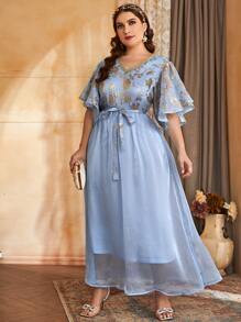 Modelyn Plus Gold Floral Print Flutter Sleeve Belted Dress - Baby Blue - View 6