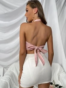 SHEIN Unity Áo hai dây Lộ Lưng Buộc lại Kẻ sọc Gợi cảm - Hồng - Xem 2