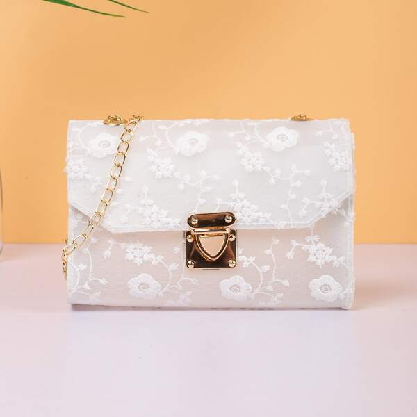 

Floral Embroidery Push Lock Crossbody Bag, White