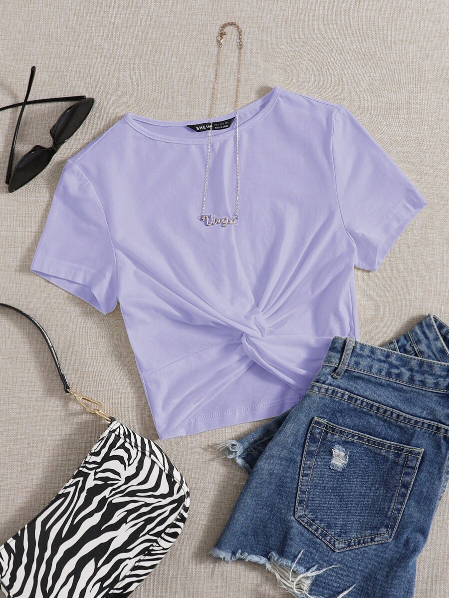 SHEIN EZwear Camiseta unicolor bajo girante - Lila Púrpura - Ver 1