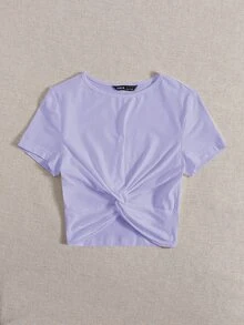 SHEIN EZwear Camiseta unicolor bajo girante - Lila Púrpura - Ver 5