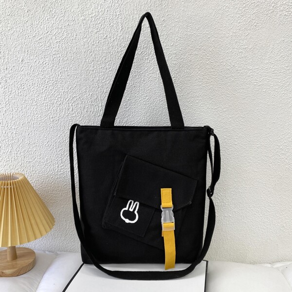 

Pocket Front Canvas Tote Bag, Black