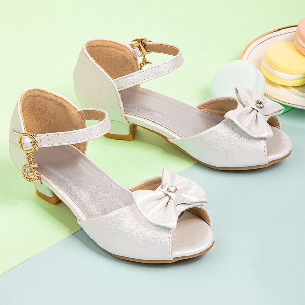 

Girls Bow Decor Peep Toe Sandals, Silver
