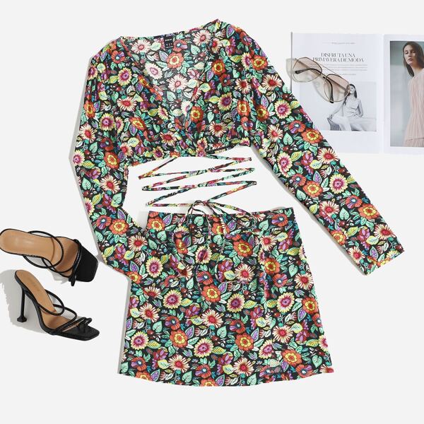 

Allover Floral Crisscross Tie Crop Wrap Top & Skirt Set, Multicolor
