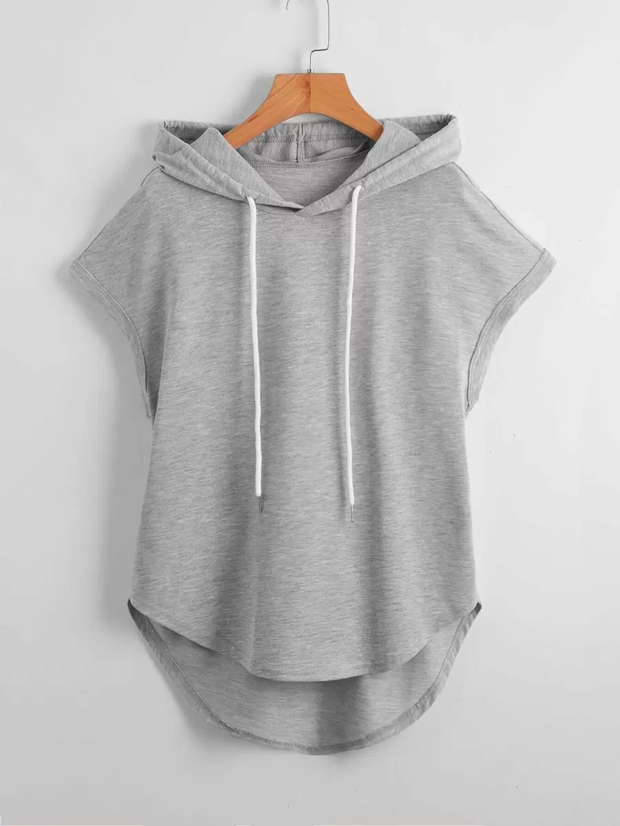 SHEIN Unity High Low Hem Drawstring Hooded Tee - Grey - View 1