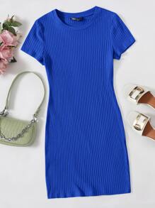 SHEIN EZwear Vestido ajustado tejido de canalé unicolor - azul real - Ver 6