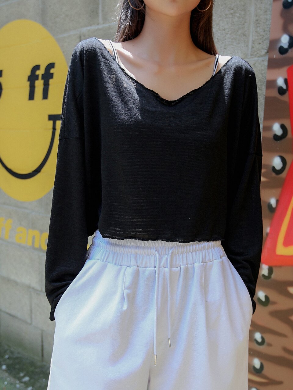 Solid Boat Neck Crop Tee Fall Tops Long Sleeve