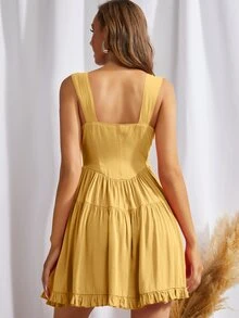 Đầm Viên lá sen Nút phía trước màu trơn Boho - Màu vàng - Xem 2