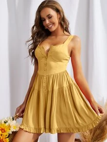 Đầm Viên lá sen Nút phía trước màu trơn Boho - Màu vàng - Xem 5