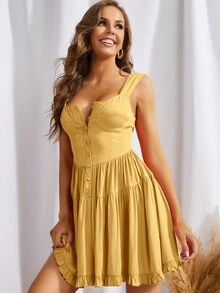 Đầm Viên lá sen Nút phía trước màu trơn Boho - Màu vàng - Xem 6