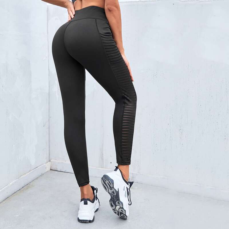 

Contrast Mesh Side Sports Leggings With Phone Pocket, Black