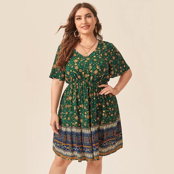

Plus Floral Print A-line Dress, Green