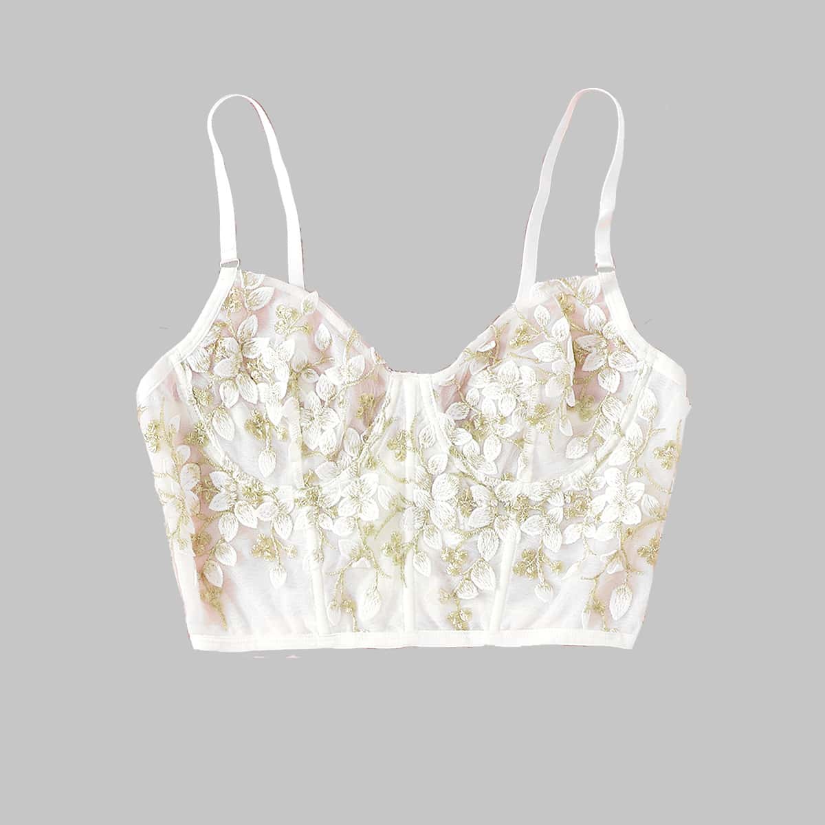 

Floral Embroidered Mesh Bra, White