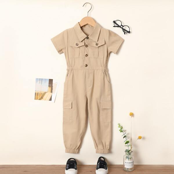 

Toddler Boys Half Button Flap Pocket Shirt Jumpsuit, Khaki